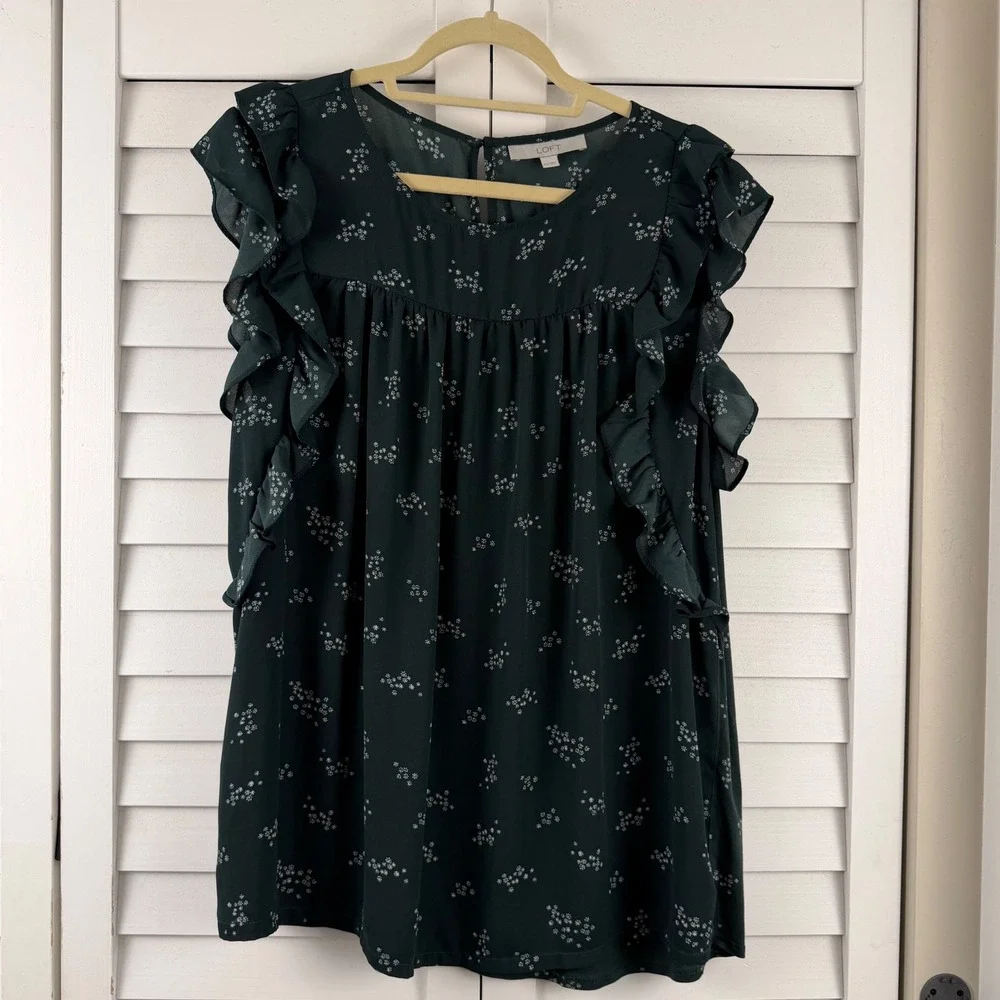 LOFT Flutter Sleeve Top Women XXL Green Floral Ruffle Blouse - Picture 14 of 14